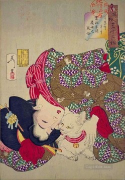 Una joven del período kansei jugando con su gato japonés Tsukioka Yoshitoshi. Pinturas al óleo